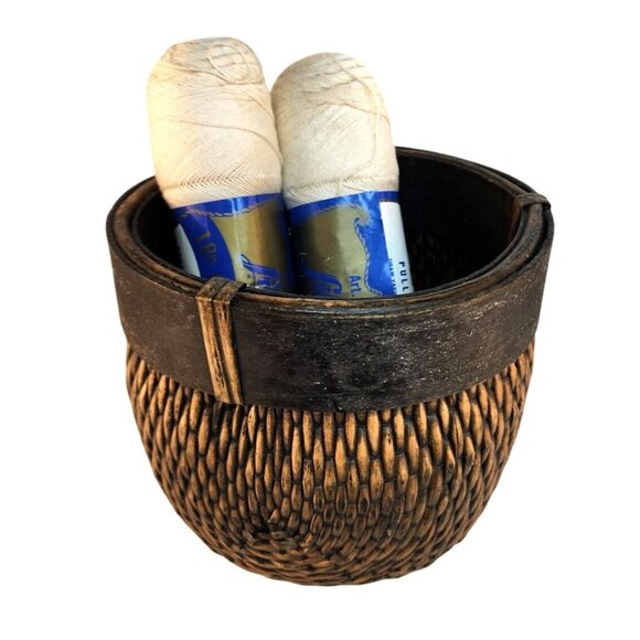 Vintage Hand-Woven Wicker & Wood Small Round Basket Decor Storage Organizer - Picture 5 of 10